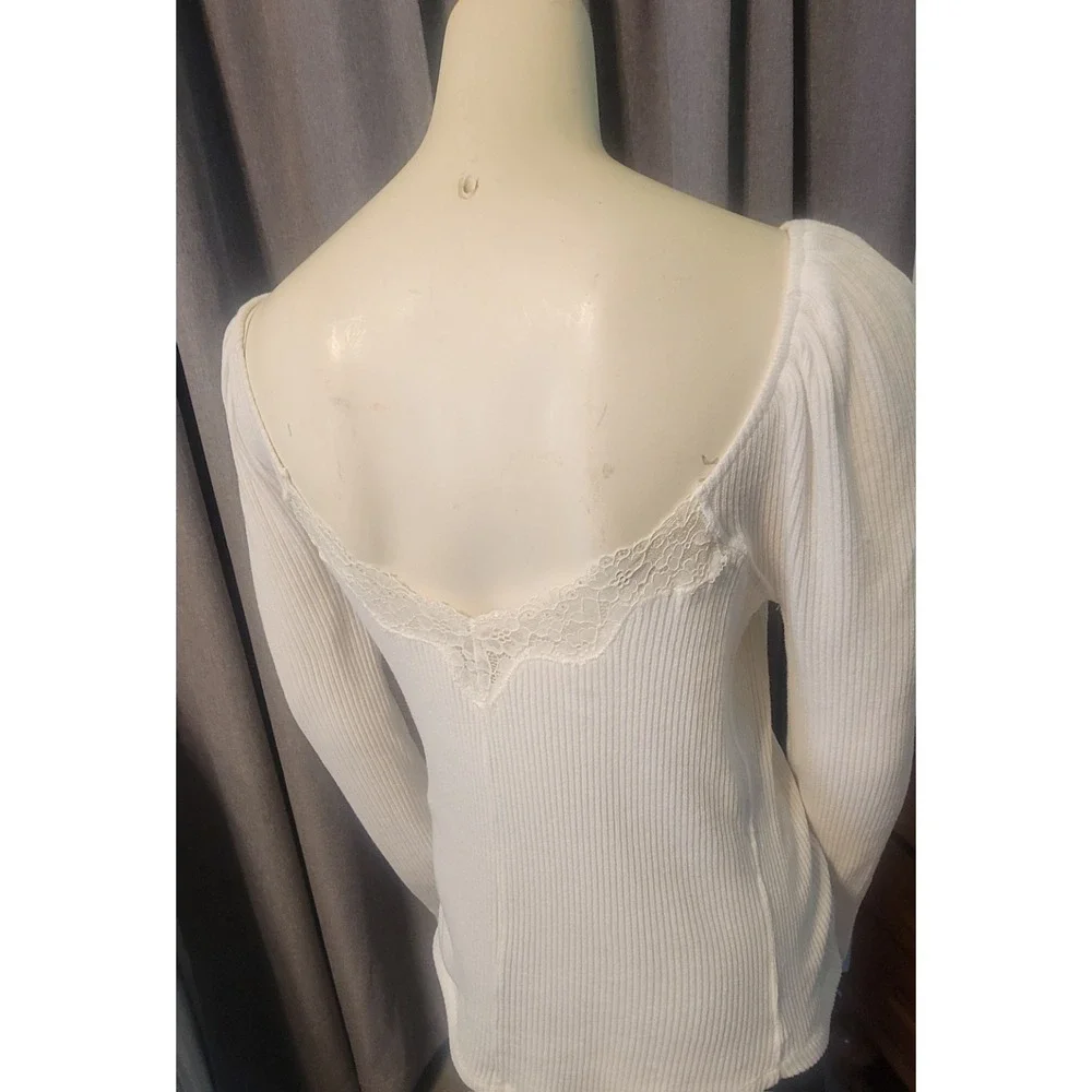 Free People To The West Lace‎ Long Sleeve Ribbed Henley Ivory Bella Babydoll L